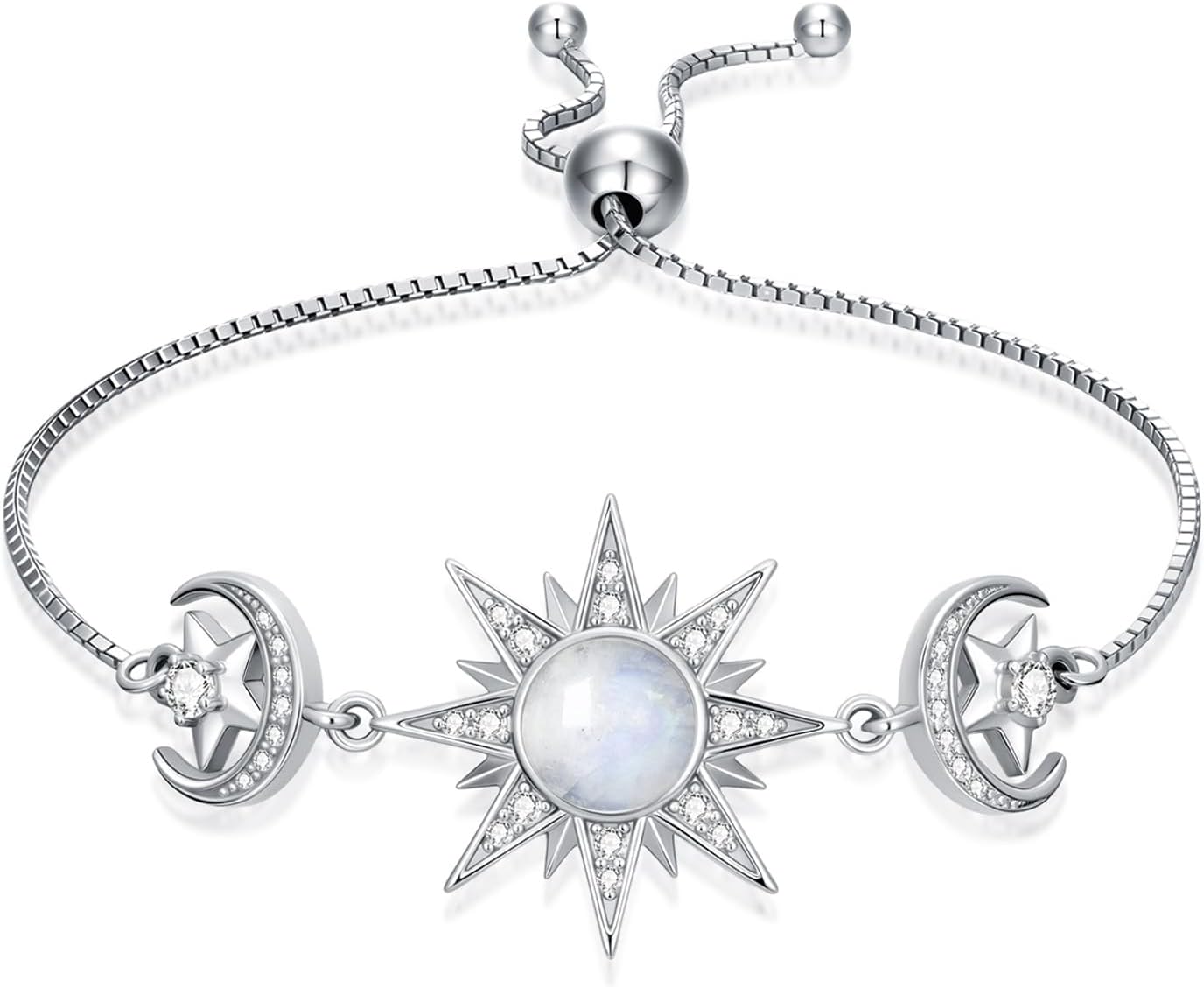 Genuine Moonstone Sun Link Bracelet, Sterling Silver Real Gemstone Healing Adjustable Bracelet Jewelry for Women, 6.5''-7.5''