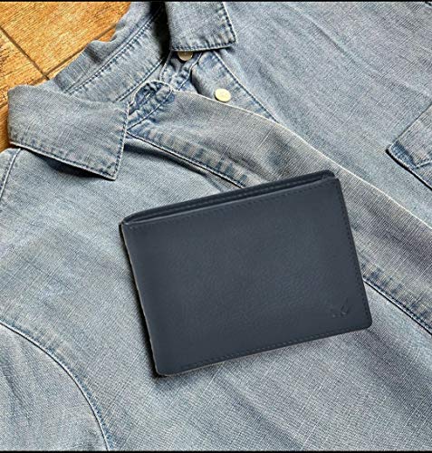 Image of Real Leather Mens Bifold Wallet RFID Blocking Slim Minimalist Front Pocket - Thin & Stylish with ID Window in Gift Box, Midnight Navy Nappa, 4x3.25x0.75, Minimalist