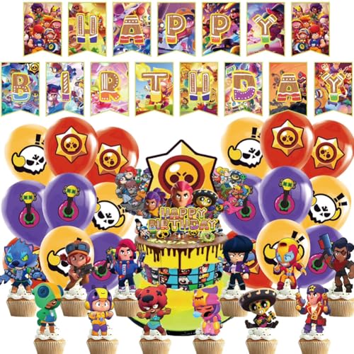 50 Pcs Cartoon B-Rawls Cumpleaños Decoracion, B-Rawls Party Cumpleaños Decoracion,Cake Toppers, Globos, Feliz Cumpleaños Pancarta, Fiesta de Cumpleaños para Niños (púrpura)