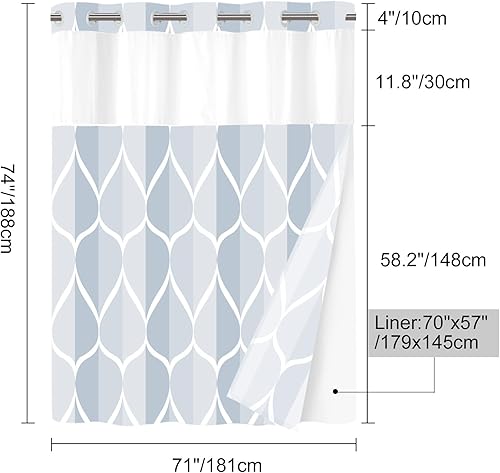 Miniatura 7 de Cortina de ducha sin ganchos con forro a presión, estilo hotel, con ventana superior de malla traslúcida, diseño geométrico moderno, repelente al
