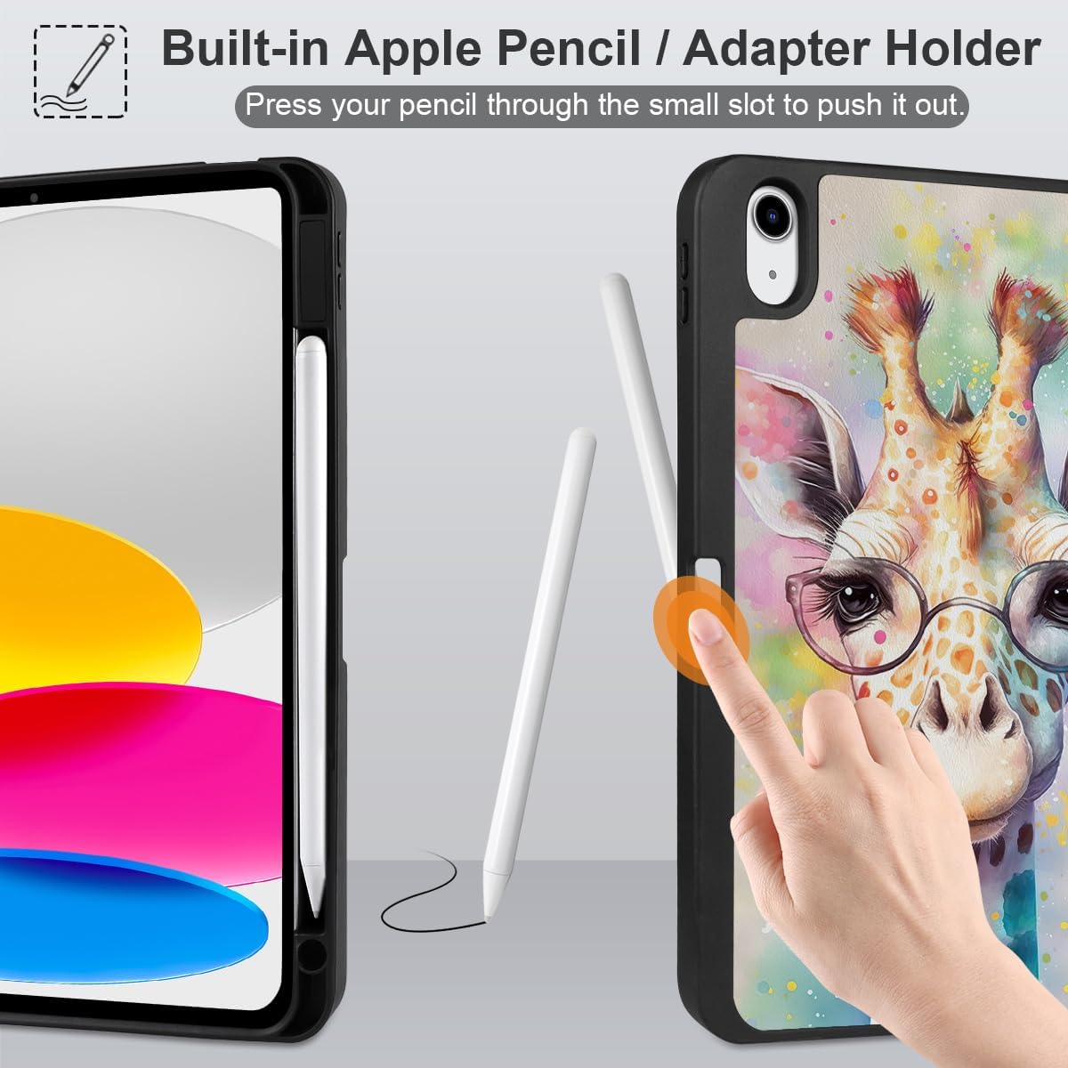 MEEgoodo Case for iPad A16 11th Generation 11 inch 2025/iPad 10th Generation 10.9 inch 2022, Tablet Cover with Trifold Stand + Pencil Holder + Auto Wake/Sleep + Soft TPU Back Cover, Giraffe