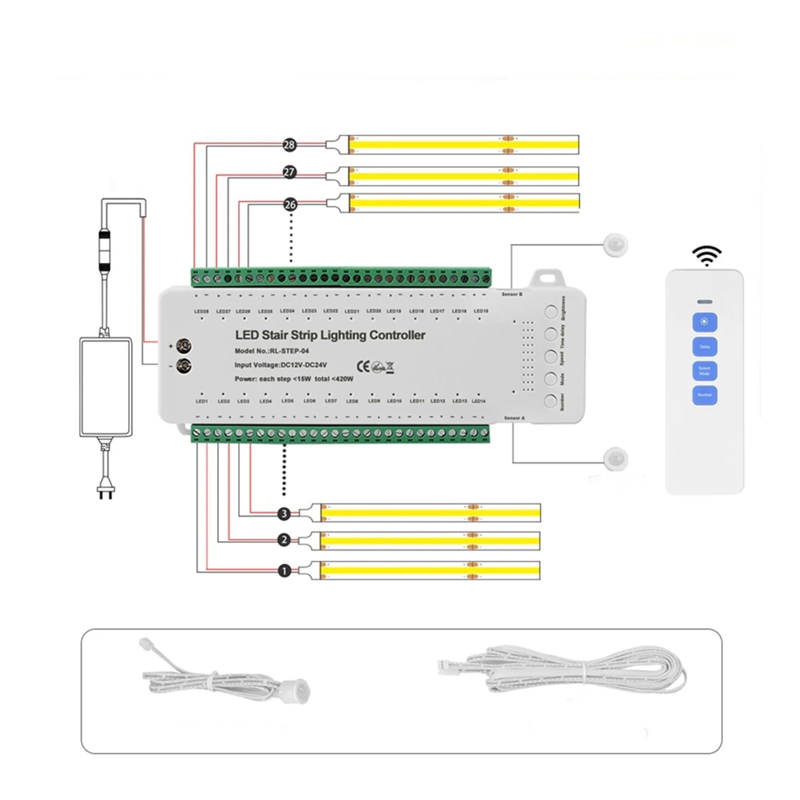 Kontroler oświetlenia schodowego, 28-stopniowy Sterownik Oświetlenia Schodowego Z Czujnikiem Ruchu PIR 28-kanałowy Ściemniacz Pasków Schodowych DC12V 24V Do Domowych Schodów do oświetlenia wewnętrzneg