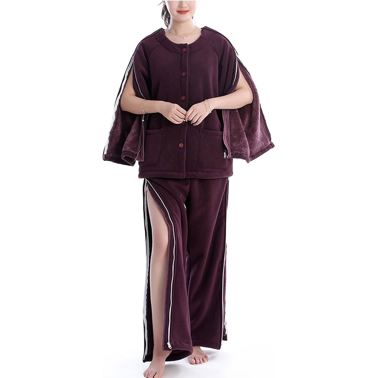 Pijama de lactancia engrosado, conjunto pijama postoperatorio desmontable, ropa adaptable con cierres laterales for personas mayores y discapacitadas Exfoliantes Suaves(XL)