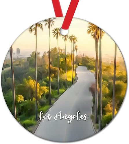 American City Souvenirs Ornament for Christmas Tree USA City Los Angeles Xmas Keepsake Gifts Round Ceramic Xmas Tree Decoration American City in
