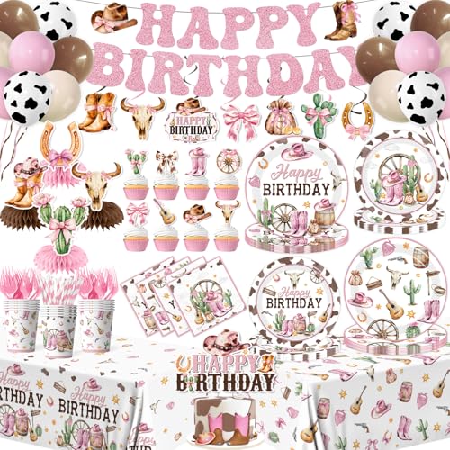 Cowgirl Birthday Party Decorations 197pcs Western Birthday Party Decorations Plates and Napkins Cups Balloons Tablecloth Cake Topper Honeycomb for Cowgirl party Decoration