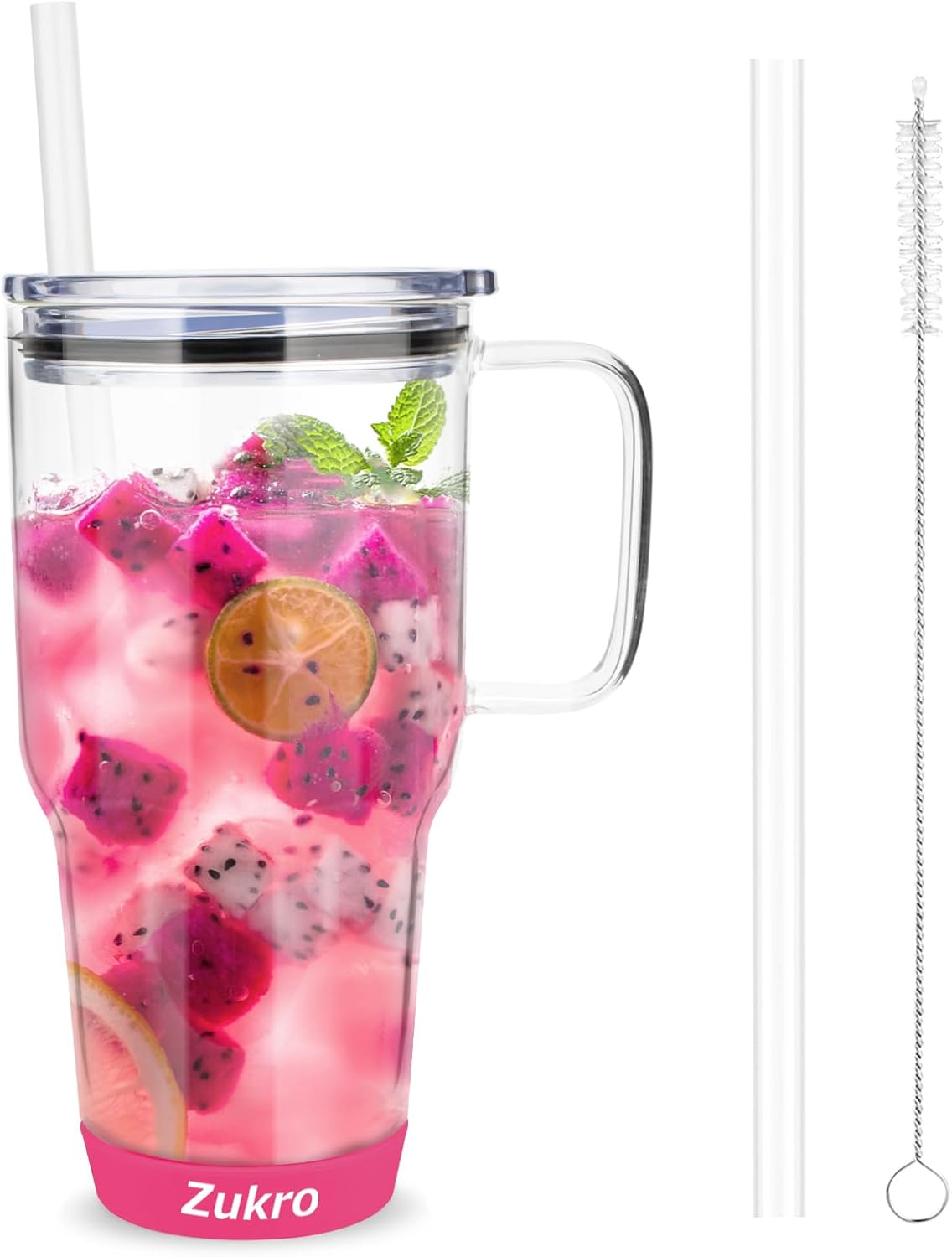 Zukro 32 oz Glass Tumbler with Handle & Straw, Borosilcate Glass Water Cup For Iced Coffee, Smoothie, Hot & Cold Drinks, Non-Slip Silicone Bottom, Fits In Cupholder, BPA Free & Dishwasher Safe