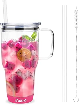 Zukro 32 oz Glass Tumbler with Handle & Straw, Borosilcate Glass Water Cup For Iced Coffee, Smoothie, Hot & Cold Drinks, Non-Slip Silicone Bottom, Fits In Cupholder, BPA Free & Dishwasher Safe