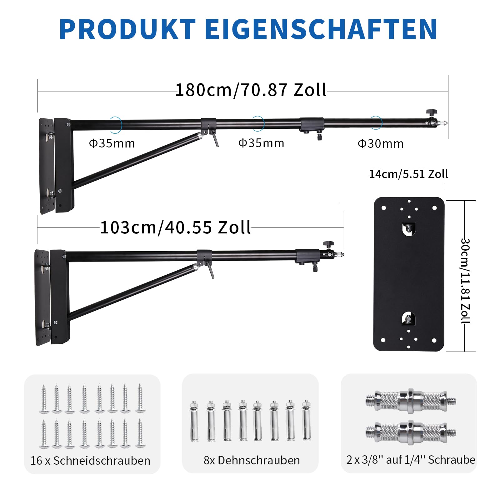 2er-Pack Wandmontage dreieckiger Ausleger Boom Arm 180cm, Ringlichthalterung, Deckenlichtständer, 180° Flexible Drehung für Studio-Videolicht, Blitz, Fotografie, Softbox, Reflektor