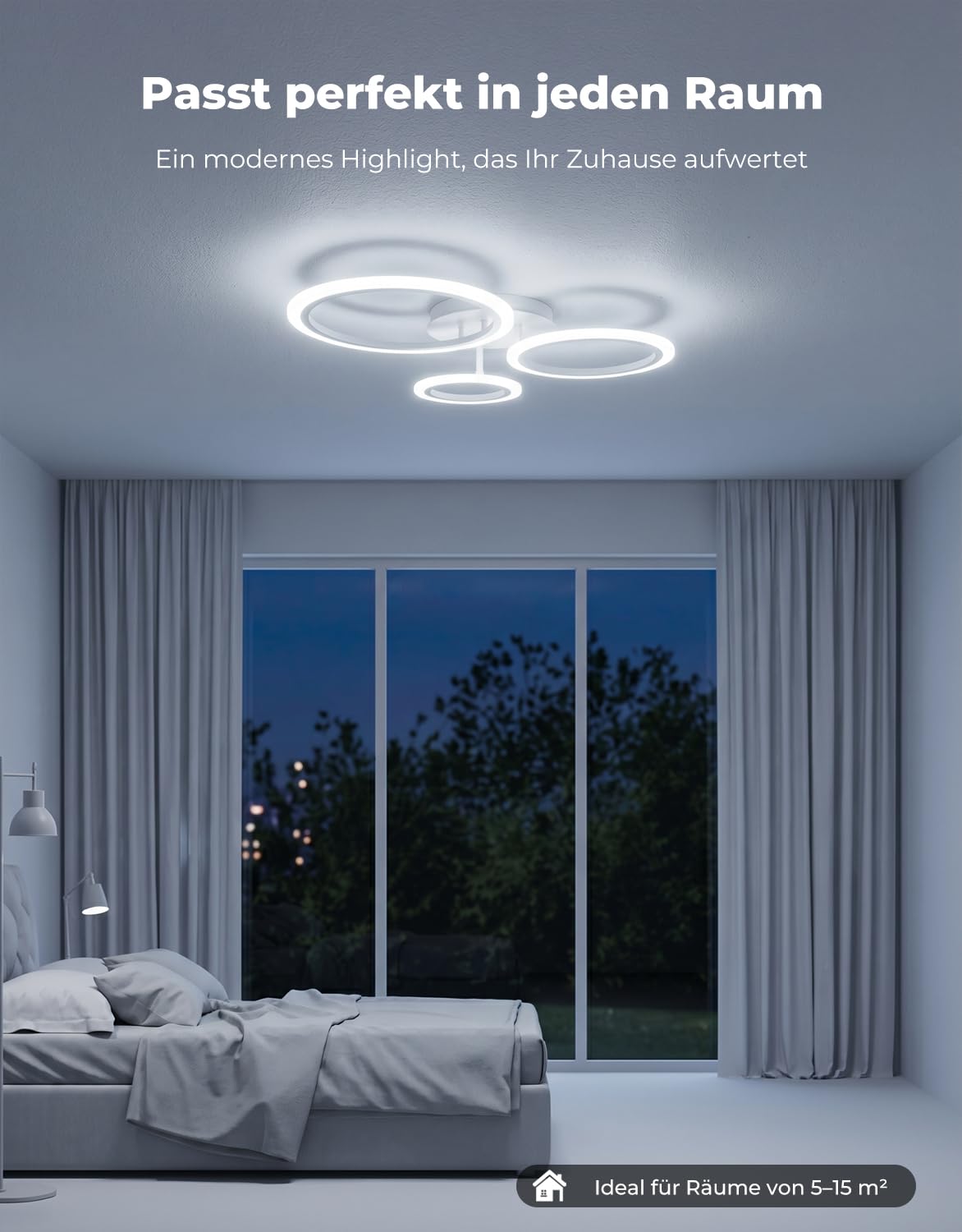 Smart LED Deckenleuchte Dimmbar, 3-Ring Deckenlampe (59x45cm, 19W, 1900lm), WiFi App & Alexa Sprachsteuerung, CCT 3000K-6500K, Moderne Schlafzimmerlampe mit Memory-Funktion & Timer, Weiß