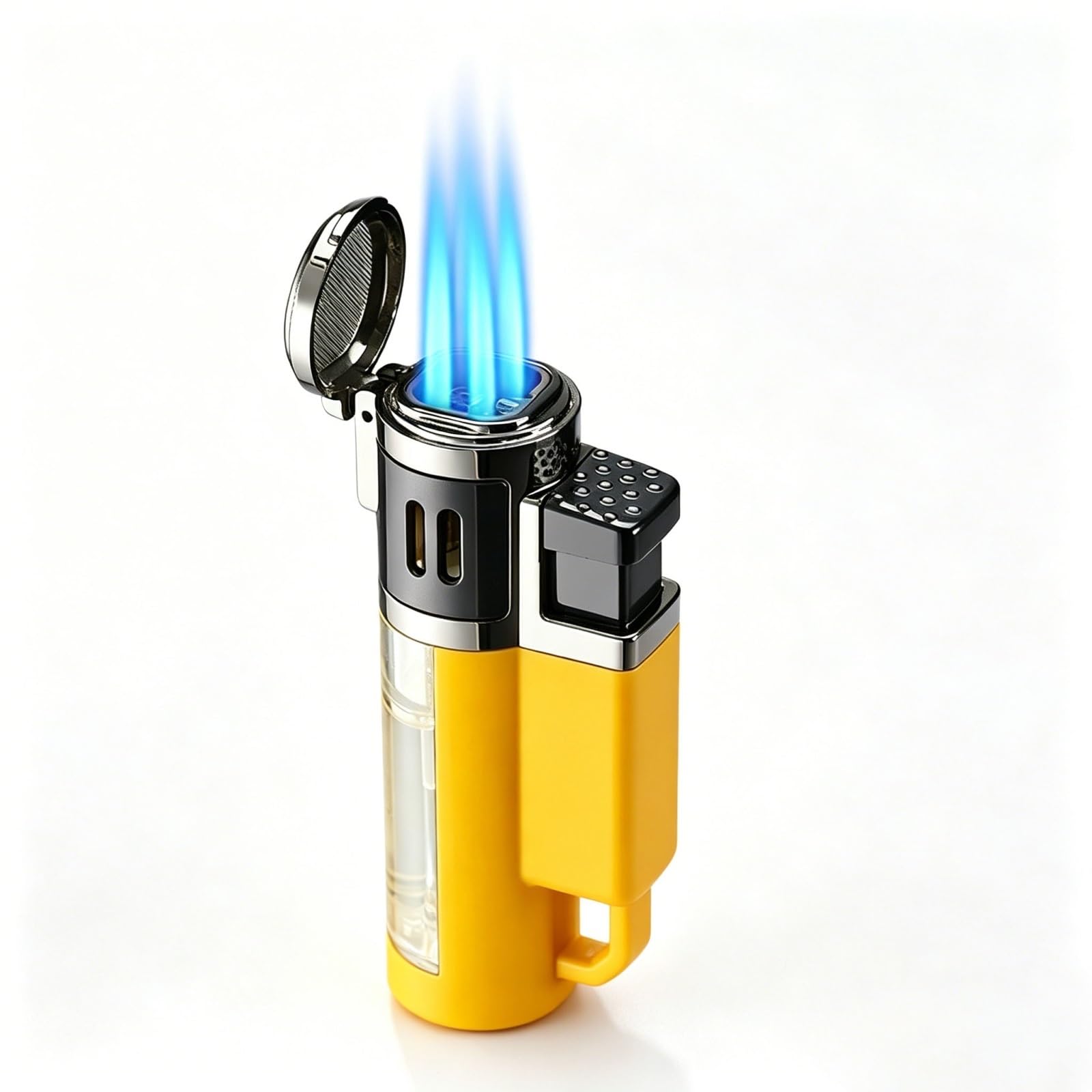 OGQBEAPC Refillable Butane Torch Lighter, 4 Jet Flame Windproof Lighter with Large Transparent Fuel Tank, Adjustable Flame, for Men(E)