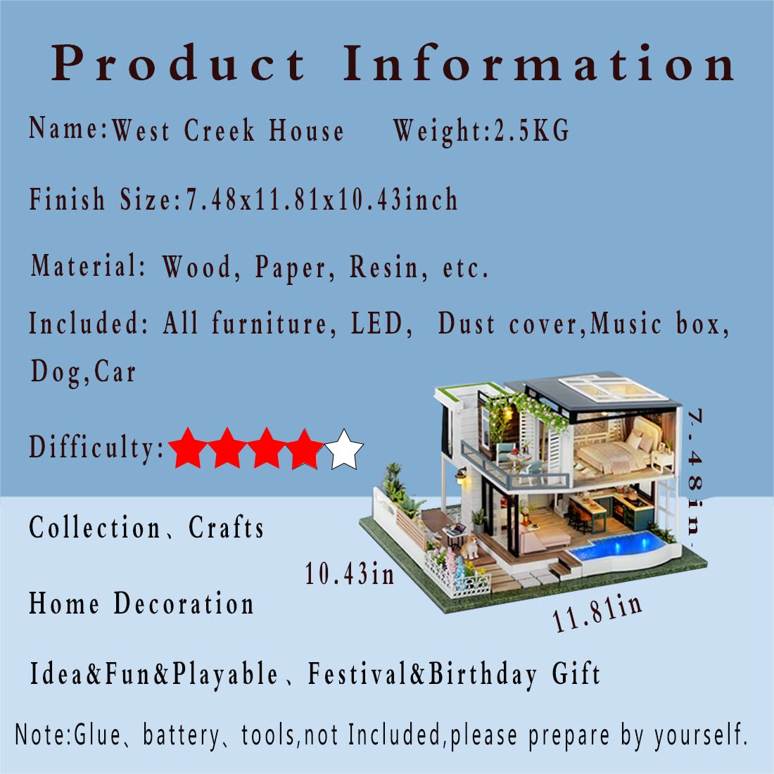 Generico Kit per Casa delle Bambole in Miniatura Fai da Te con Piscina in Legno 3D Giocattolo Puzzle di Pezzi Pretagliati Miniature da Costruire
