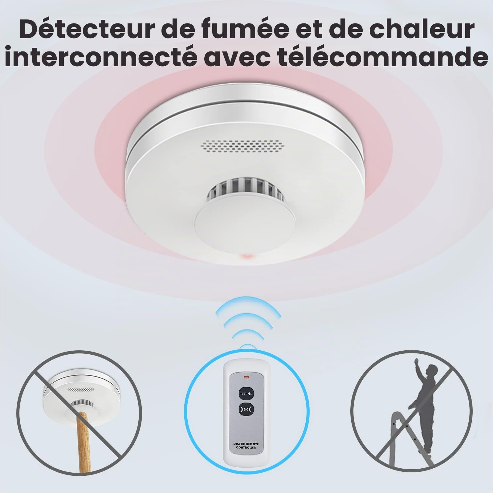 CPVAN Lot de 5 détecteurs de fumée, de chaleur et de monoxyde de carbone sans fil avec télécommande, autonomie de 10 ans, certifié CE, EN14604, BS5446, EN50291, pré-reliés