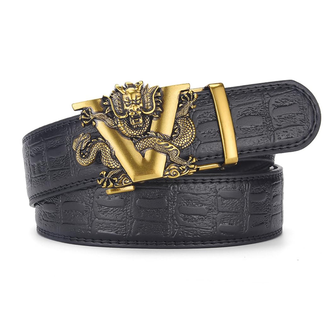 Ratchet Embossed Crocodile Pattern Leather Belt with Engraved V