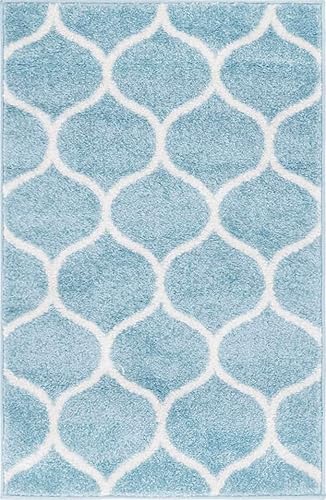 Miniatura 8 de Unique Loom - Alfombra redondeada de la colección Trellis Frieze (2pies x 3pies 1pulgada, color azul claromarfil)