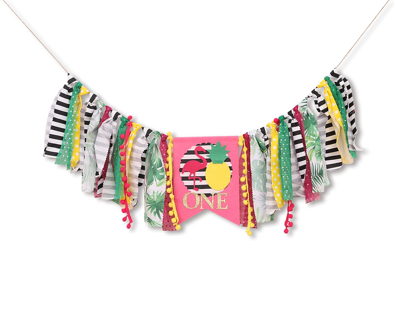 Flamingo First Birthday High Chair Banner - Tropical Birthday Pineapple Banner Summer Party Decor (ONE Flamingo HF)