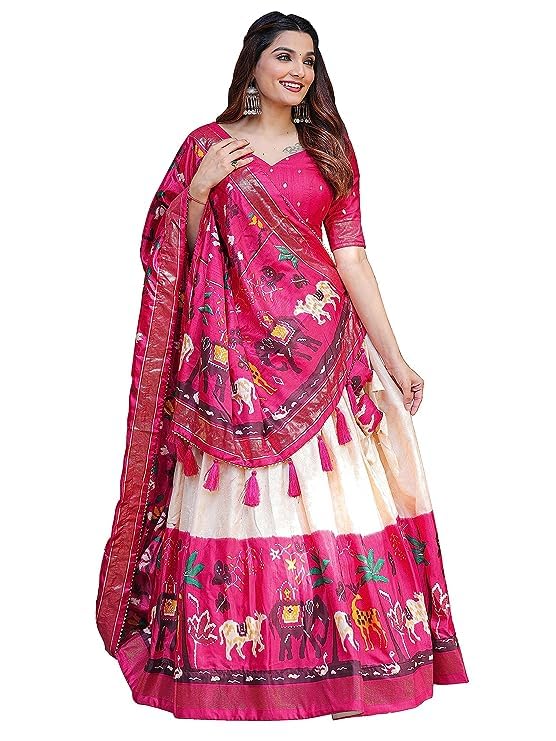 Womens Pink Dola Silk With Foil Print Lehenga Choli Set