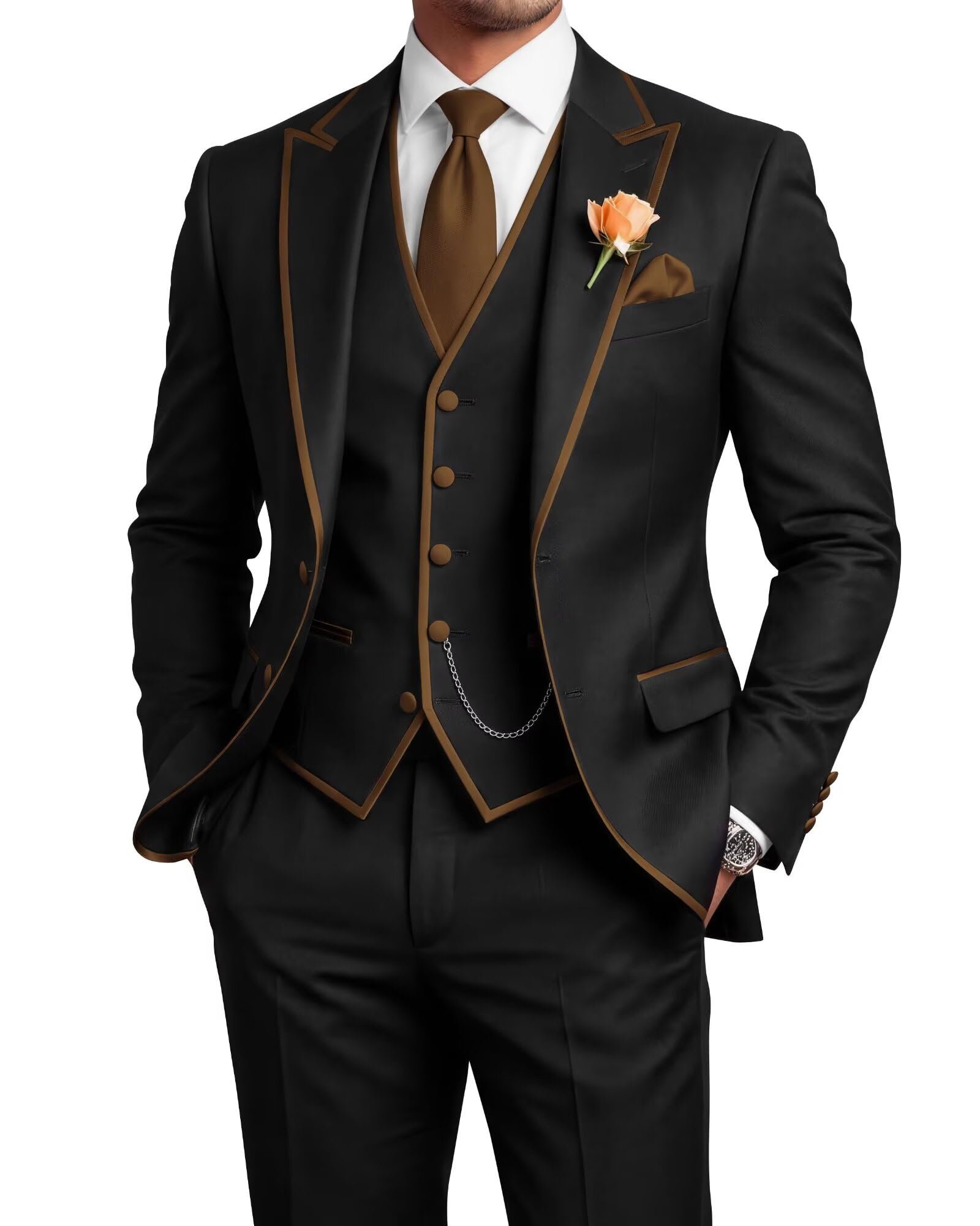 Men's 3 Piece Tuxedo for Men Slim Fit Black Wedding Suits for Groom Groomsman Prom Graduation Jacket Vest Pants