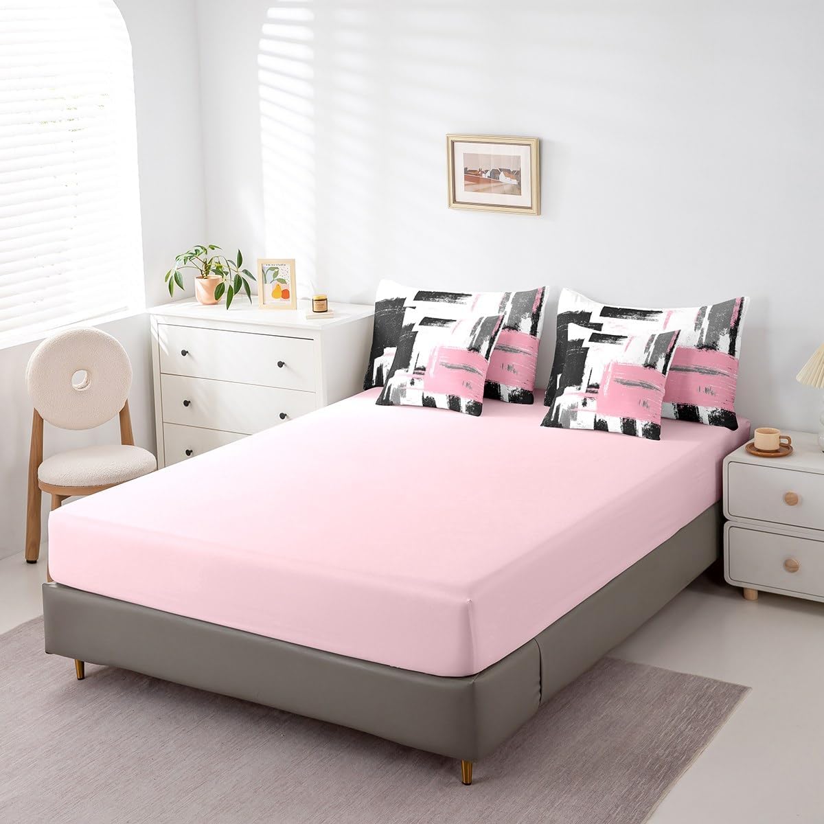 Feelyou Abstract 7 Piece Bedding Set Modern Abstract Art Comforter Ultra Soft Decor Black Pink White Bed Set Includes Comforter, Sheet Set, Pillowcases & Pillow Covers Full Size