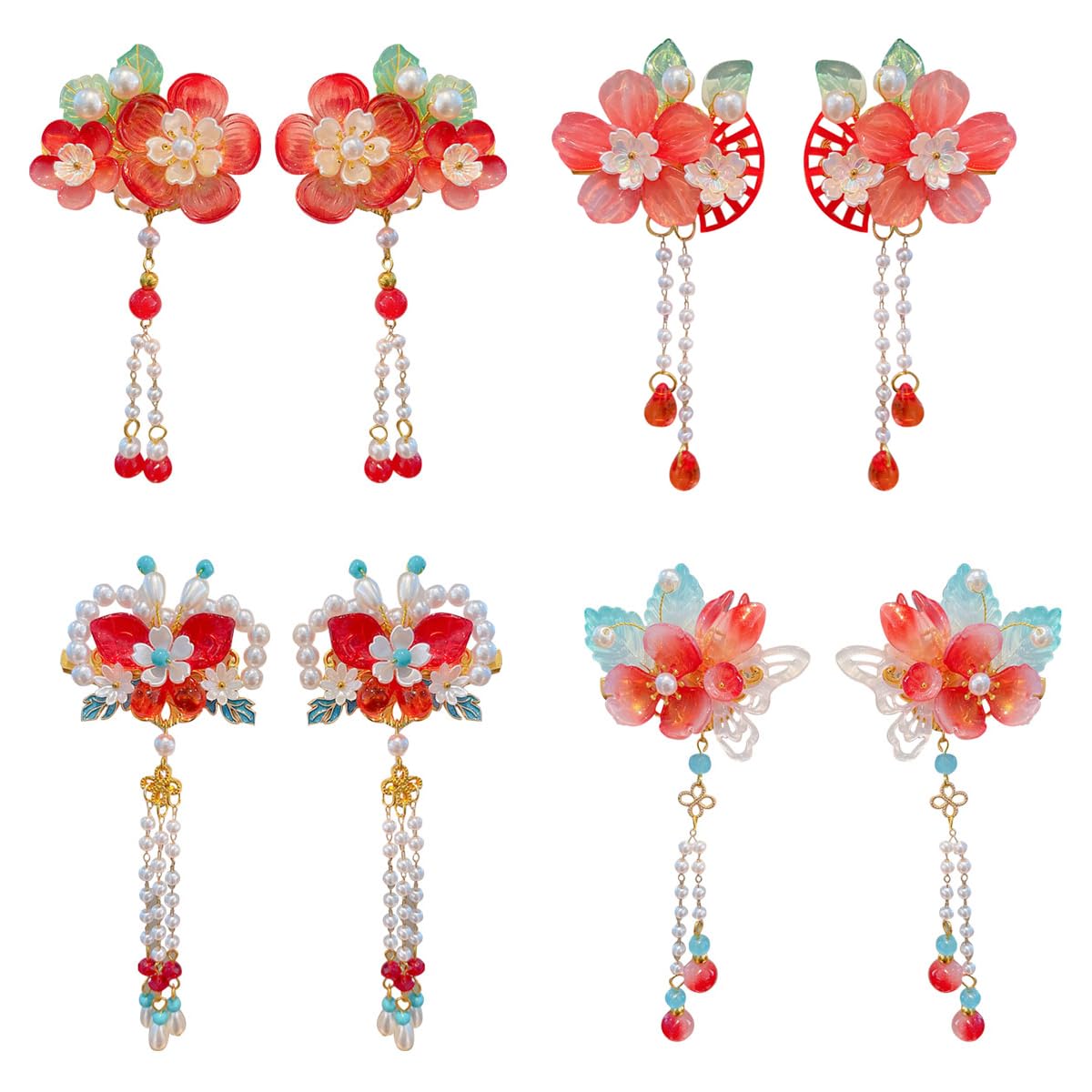 Petunny 4 Pairs Chinese Hair Clips Tassel Hanfu Hair Clips Red Vintage Flower Hair Clips for Women Girls