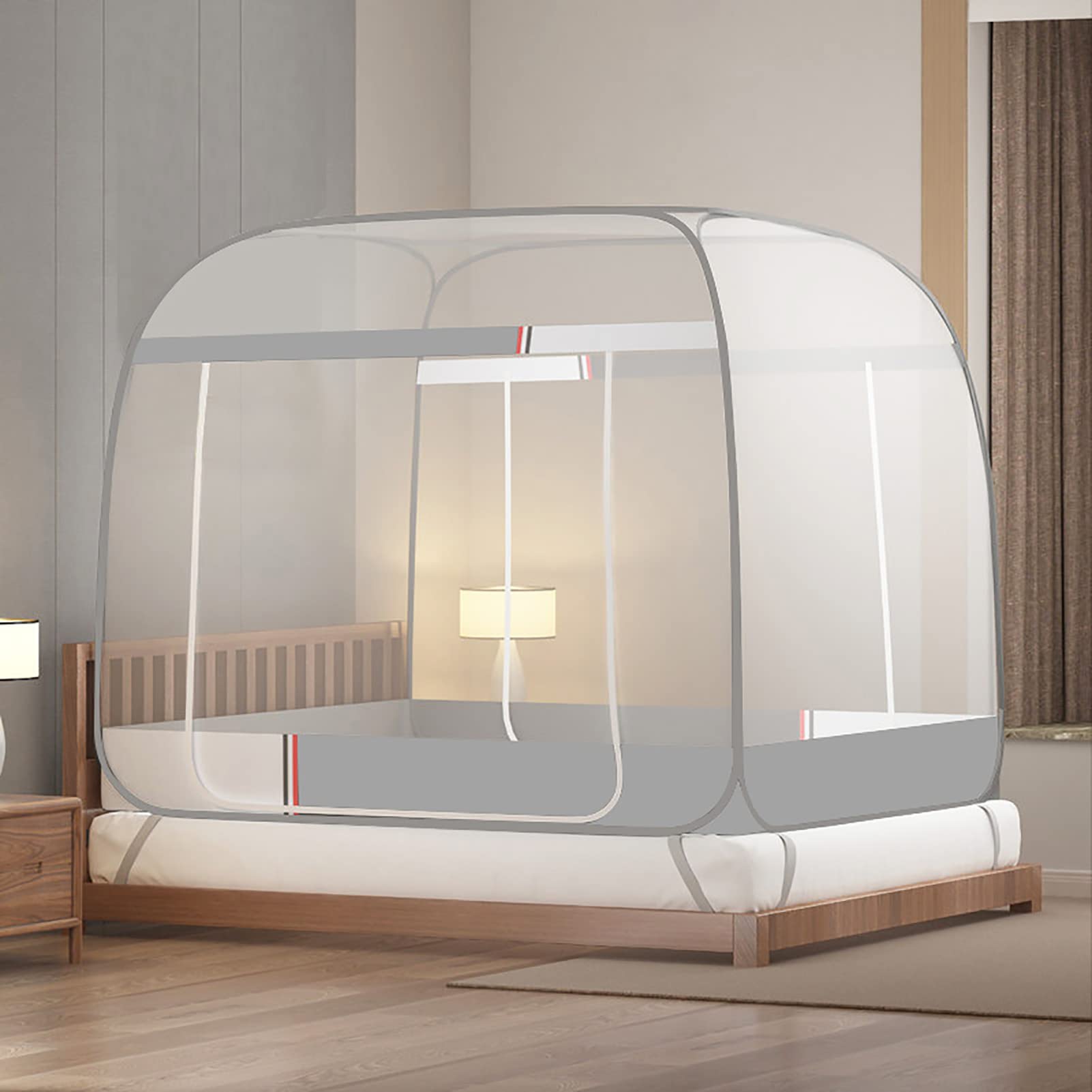 Pop up moustiquaire tente lit rideau pliant moustiquaire auvent avec support lit tente pour adulte avec cadre maison chambre décor,Gris,150x200x165cm