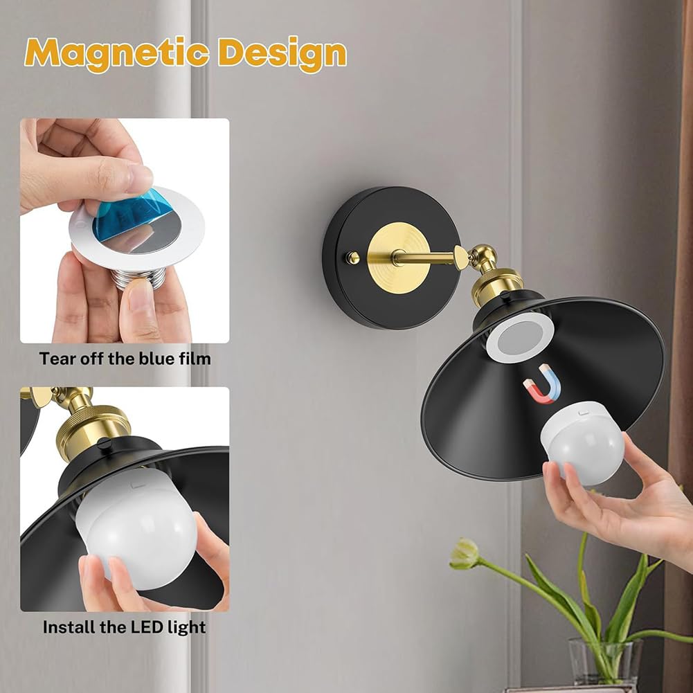 LED Vintage Wandleuchte Innen Akku Kabellos Wandlampe mit Fernbedienung Dimmbar Drehbare Wandleuchten Ohne Stromanschluss Batteriebetrieben Wandbeleuchtung USB Aufladbar Lampe Schwarz,2 stück