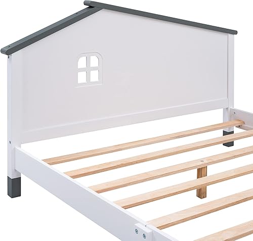 Miniatura 7 de Merax Camas para niños con cabecera de marco de casa tamaño matrimonial marco de cama bajo de madera divertido para niños y niñas no necesita somier