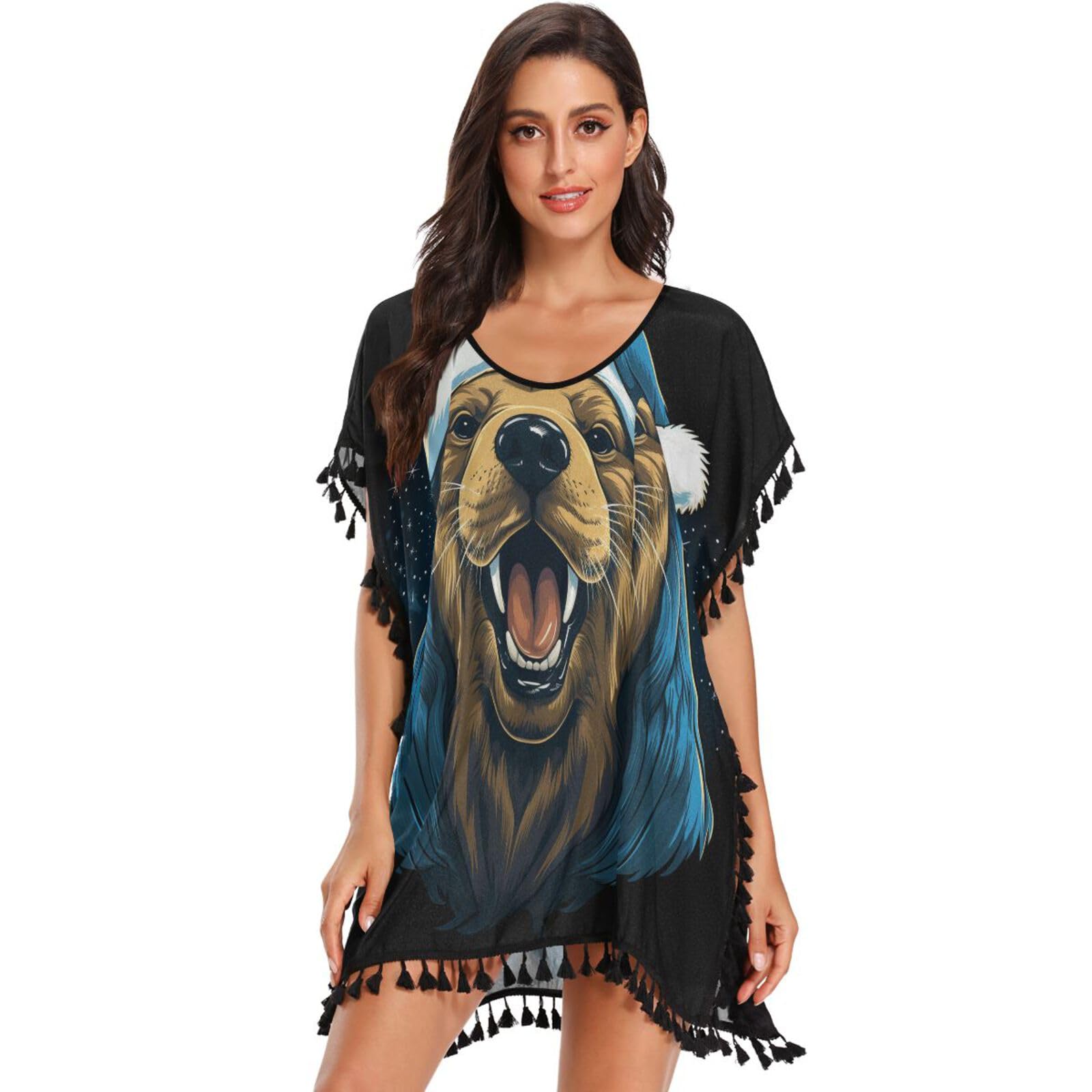 KAAVIYO Christmas Style Cool Sea Lion Women's Beach Cover Up Chiffon Tassel Swimwear Swimsuit Coverups for Girl