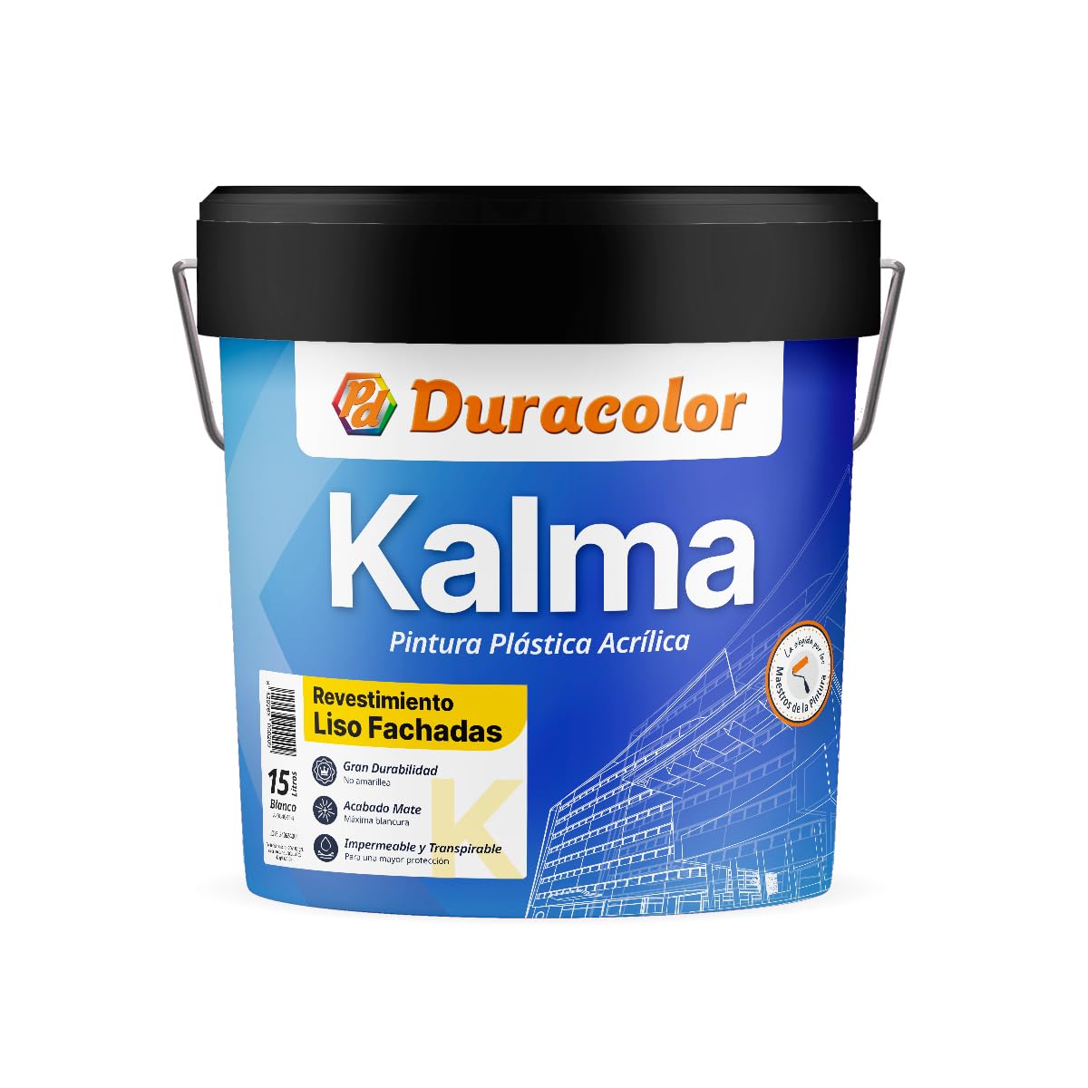 Pintura Kalma Liso Fachadas - Color Blanco - 15 Litros - Resistente a los Álcalis - Especial para Fachadas y Superficies Exteriores - Efecto Mate Liso - Acción Impermeable - Duracolor