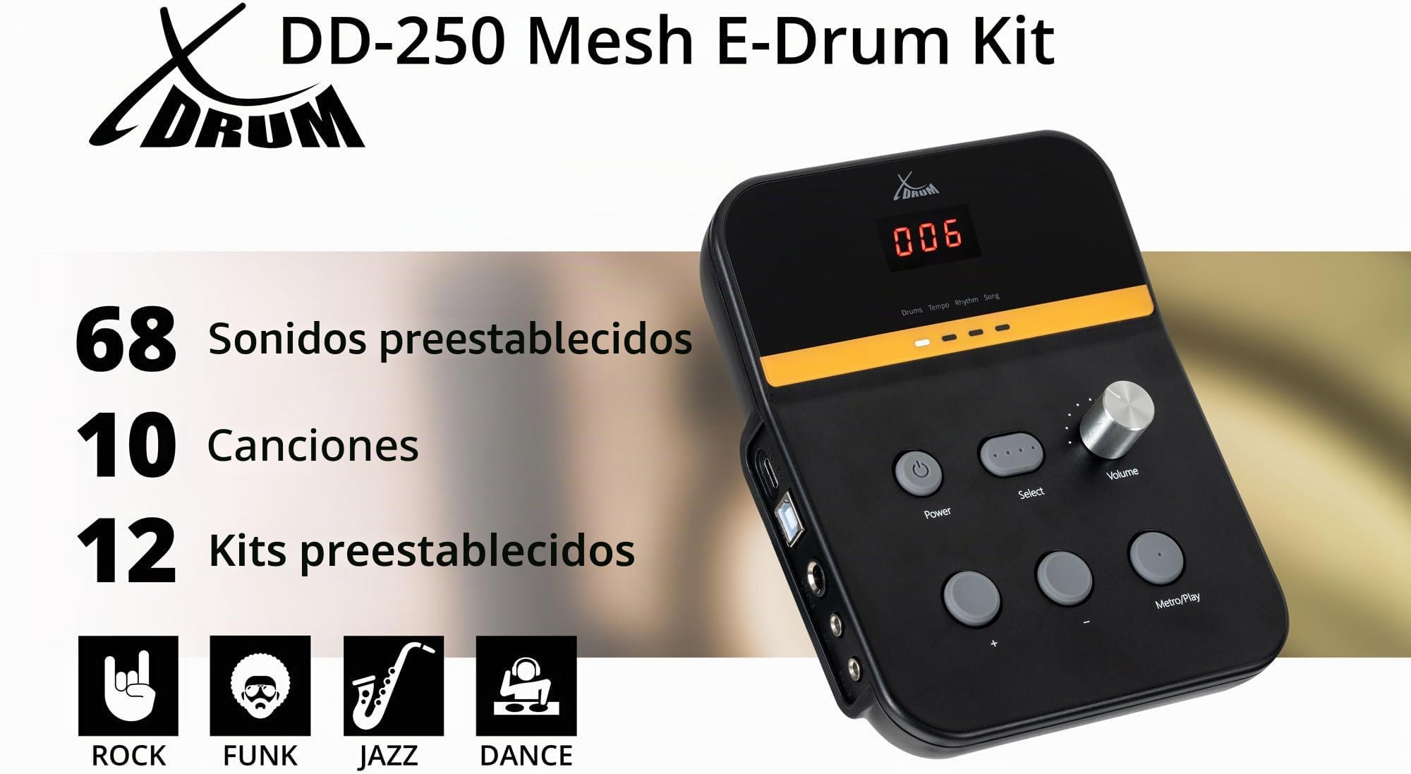 XDrum DD-250 E-Drum Kit Set, Batería electrónica con Mesh Heads, 5 mm) | 4x pads de caja/tom de 8" de zona única, 3x pads de platillo de 8" de zona, 2 controladores de pedal, Incluye rack, 5 mm)