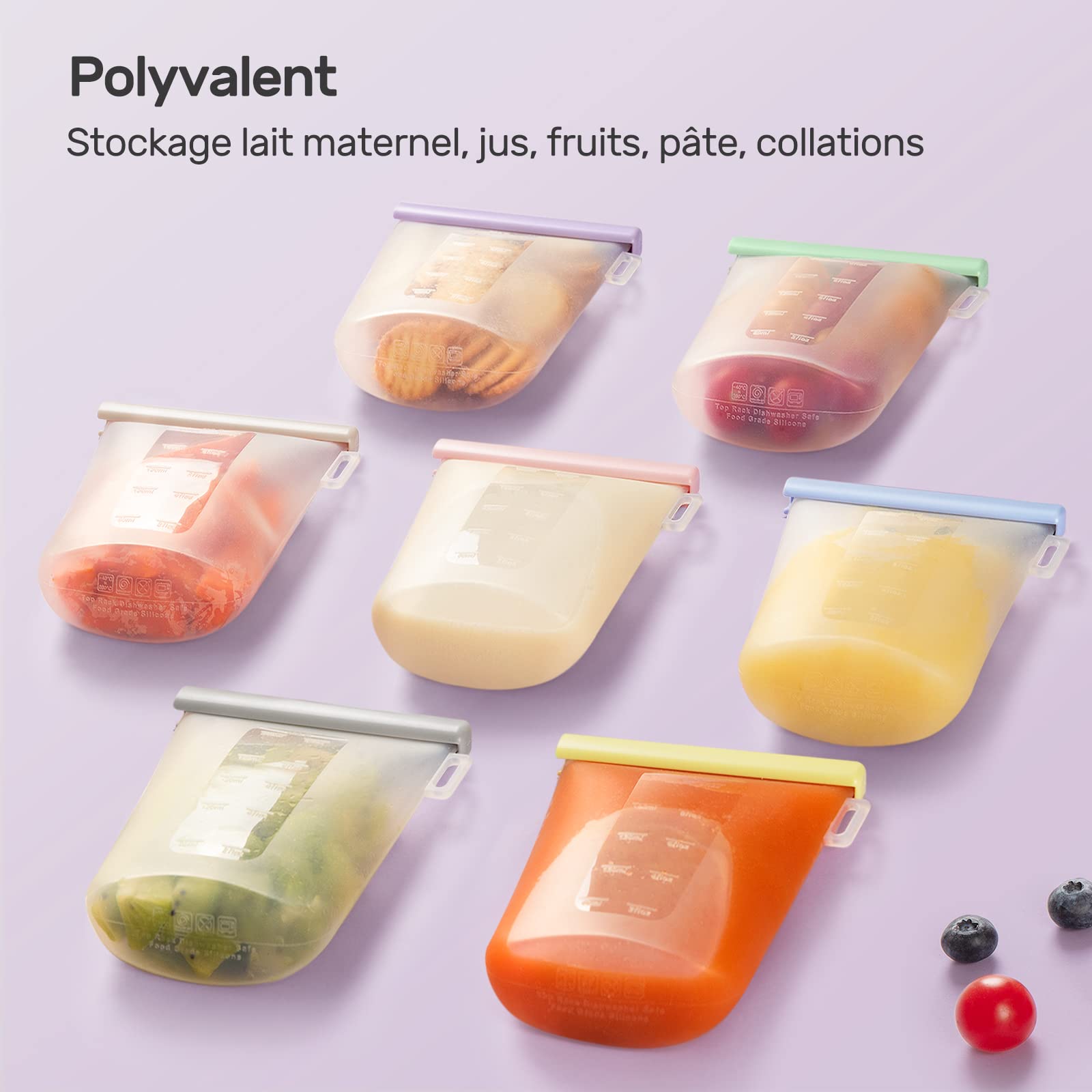 Nuliie Silicone Sachet Conservation Lait Maternelle Lot de 7, 12oz/360ml Doublement Étanches Sac Congelation Lait Maternel, Sans BPA Sacs à Lait Autoportants pour L'allaitement