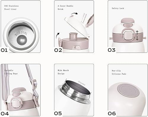 Miniatura 4 de Qengyeen Botellas de agua aisladas de acero inoxidable para niños, botella de agua térmica con popote y correa para niñas y niños, para regalos