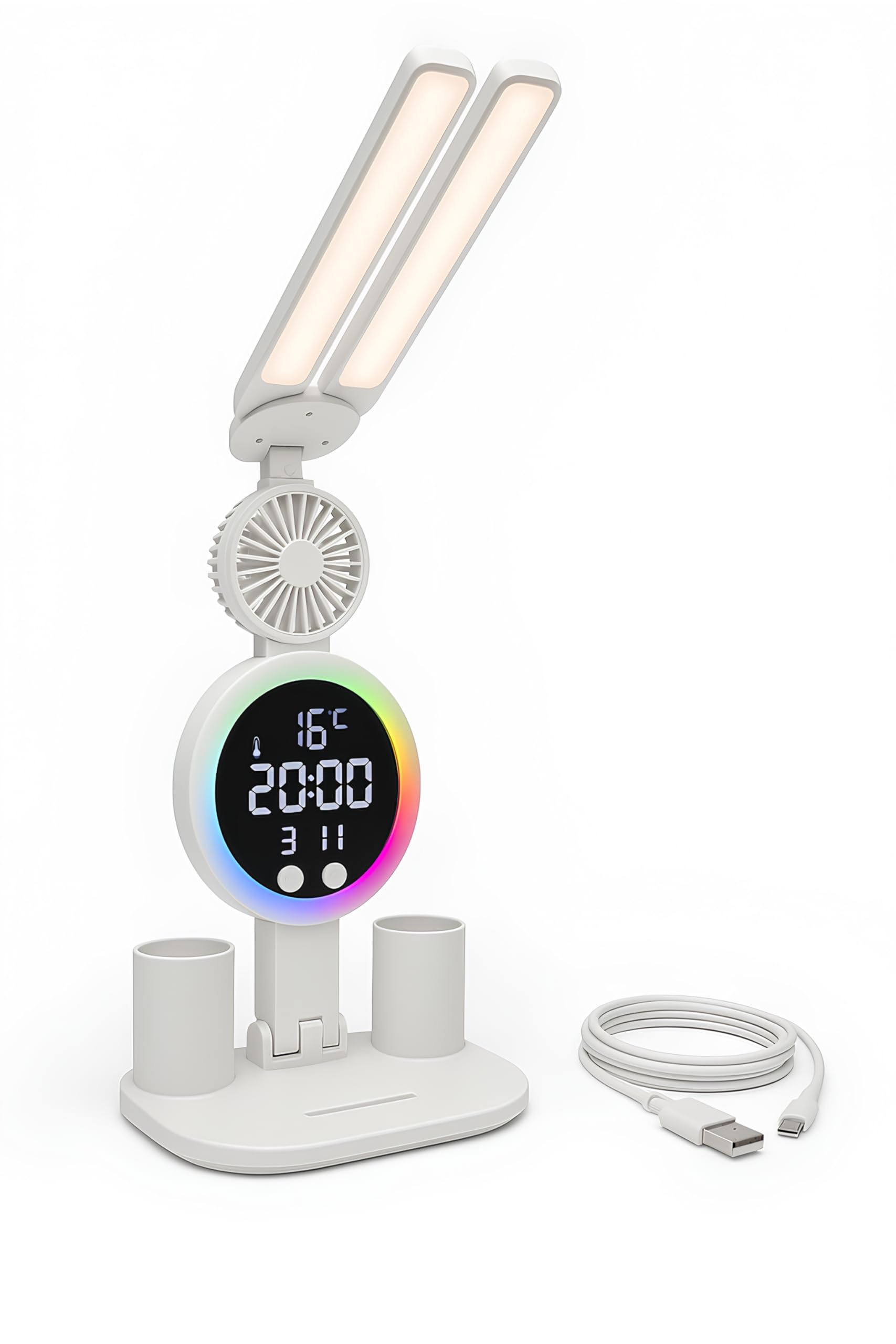 Utilify Lámpara escritorio LED recargable 3200 mAh con ventilador silencioso y luz RGB | 3 modos regulables con control táctil, reloj, termómetro y diseño ajustable para oficina, estudio y hogar