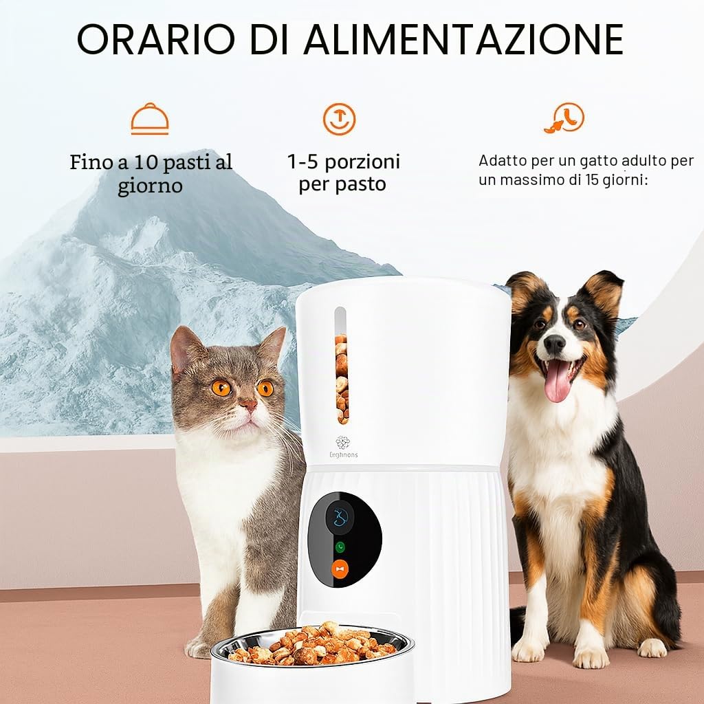 PET&TECH Distributore automatico cibo gatti e cani – 3 L (o tu capienza), telecamera HD 1080 P, app Wi‑Fi, registrazione vocale, doppia alimentazione, inox 304