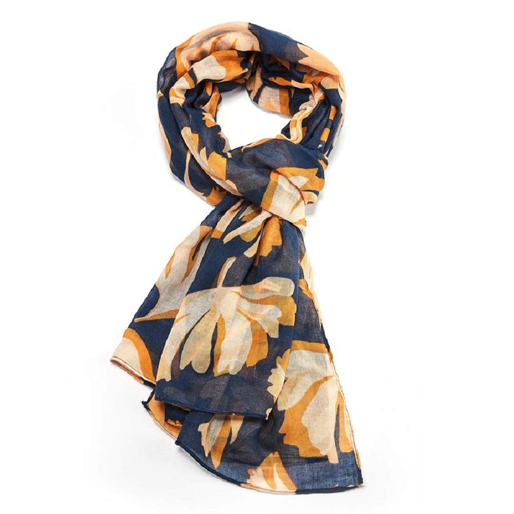 LilyRosa® Mustard Scarf, White Blue Green Modern Leaf Petals Leaves Print Scarves Wrap Shawl (Navy)