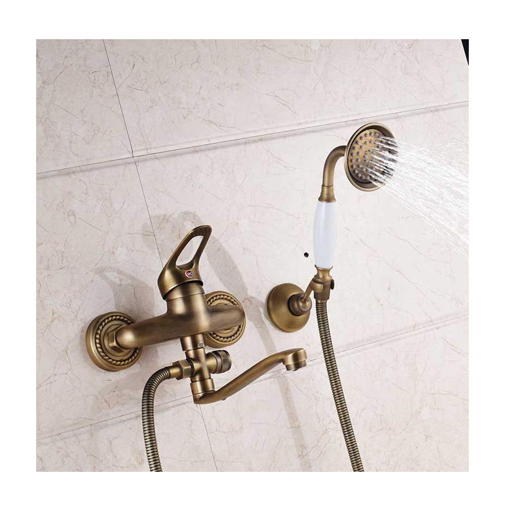 GLJTUO Antique Brass Bathtub Faucet with Handheld Shower Wall Mounted Shower System with Single Handle Bathtub Mixer Taps for Bathroom,25cm spout A,25cm Spout a