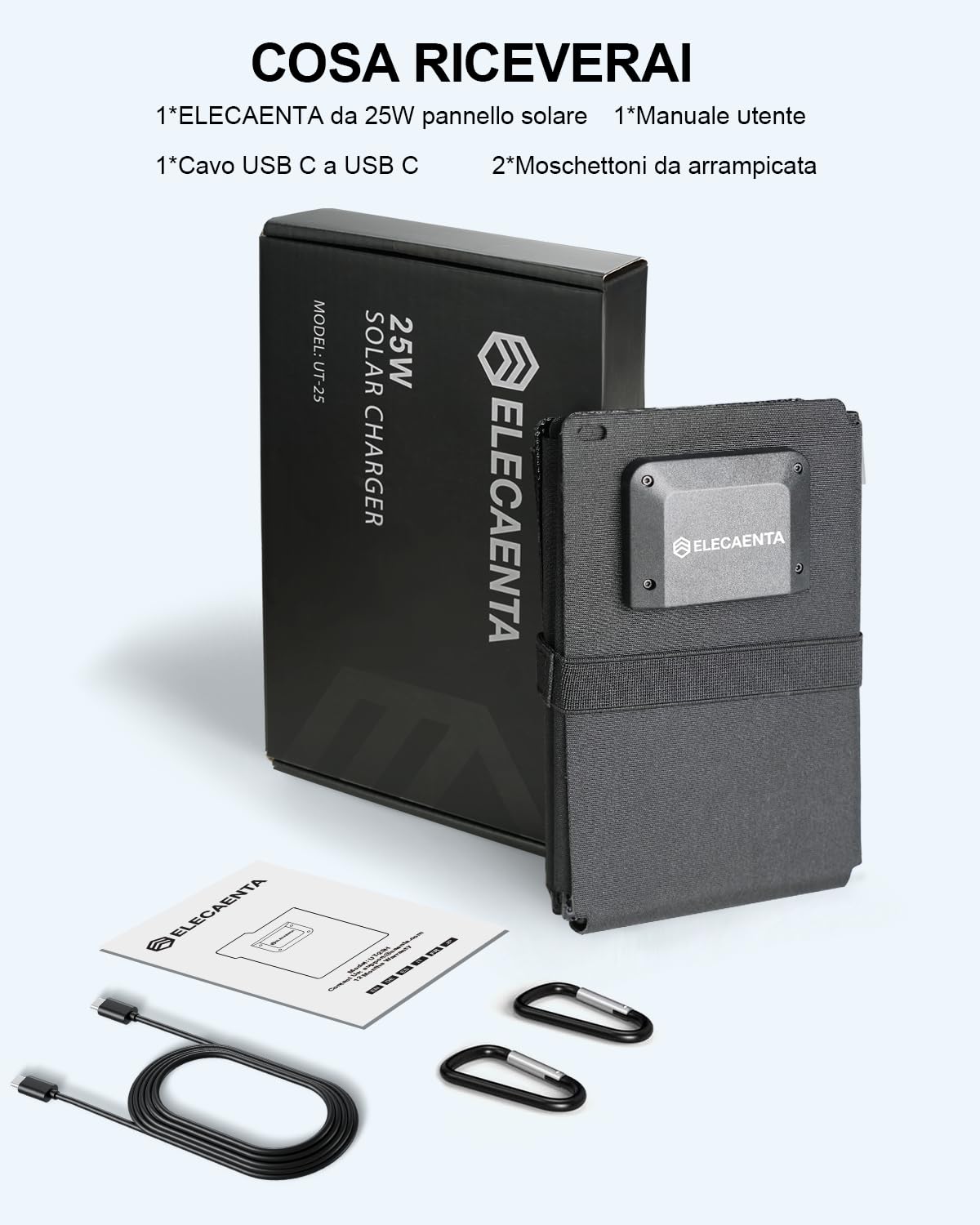ELECAENTA 25W Mini Caricabatterie Solare Portatile con HPBC 25.4%, Pannello Solare con 2 Porte USB-A e USB-C, IP68 Impermeabile per Cellulare/Tablet/Power Bank per Campeggio Escursioni Emergenza