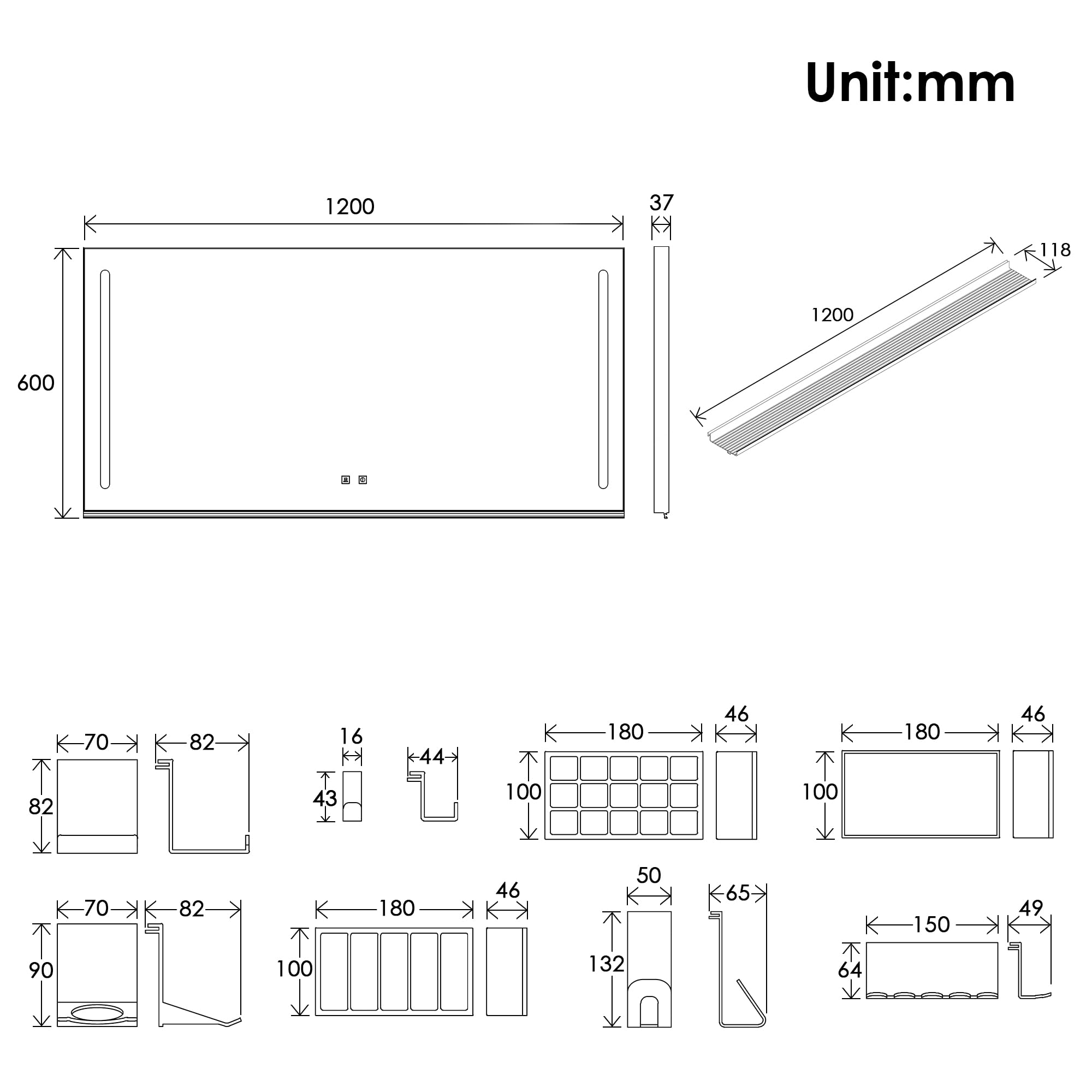 Espejo de baño LED L1200 x H600 mm, espejo de pared con estante de 120 cm y luz lateral, 3 modos de color de luz, espejo de pared con antivaho e interruptor táctil, espejo de baño