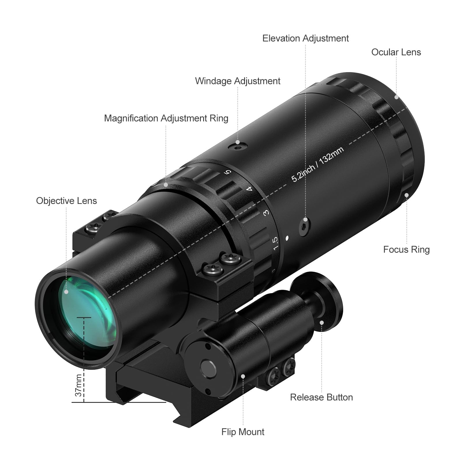 Feyachi V90 Viseur Point Rouge avec M57 1.5X - 5X Loupe Combo, 1 x 25mm Red Dot et Loupe Combo Monture Flip intégrée Absolute Co-Witness