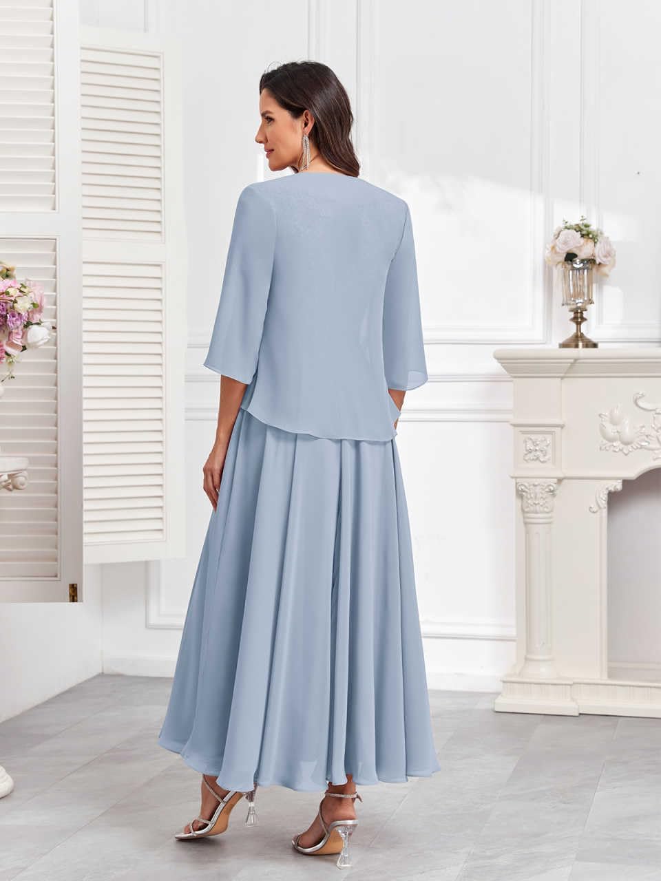 Women's Chiffon Mother of The Bride Dress with Jackets Lace Tea Length 2 Pieces Formal Evening Gown with Sleeve