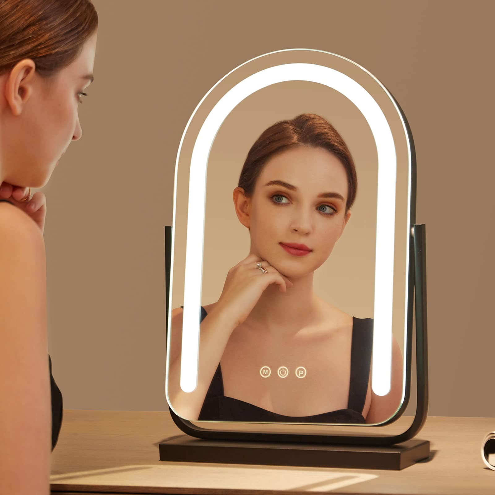 LED-Make-up-Spiegel mit 3 Beleuchtungen, M-Touch-Sensor, gewölbtes ovales Design, schwarzer Vani-Tischspiegel für flless Make-up-Anwendung, ideal für Zuhause und Reisen
