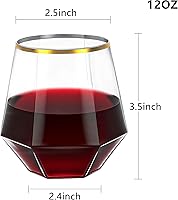 Vista 2 de Lullaby 40 piezas de vasos de vino de plástico con borde dorado, vasos de vino desechables transparentes de 12 onzas para champán, whisky y cóctel