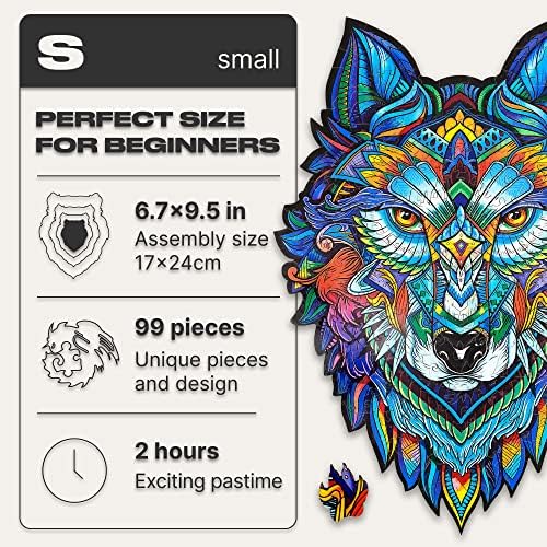 UNIDRAGON Original Wooden Jigsaw Puzzle - Majestic Wolf, 99 pcs, Small 6.7"9.5", Unique Animal Shaped Puzzle Box, Birthday Gift Idea for Kids, Adults, Girls, Boys, Family Game and Hobby