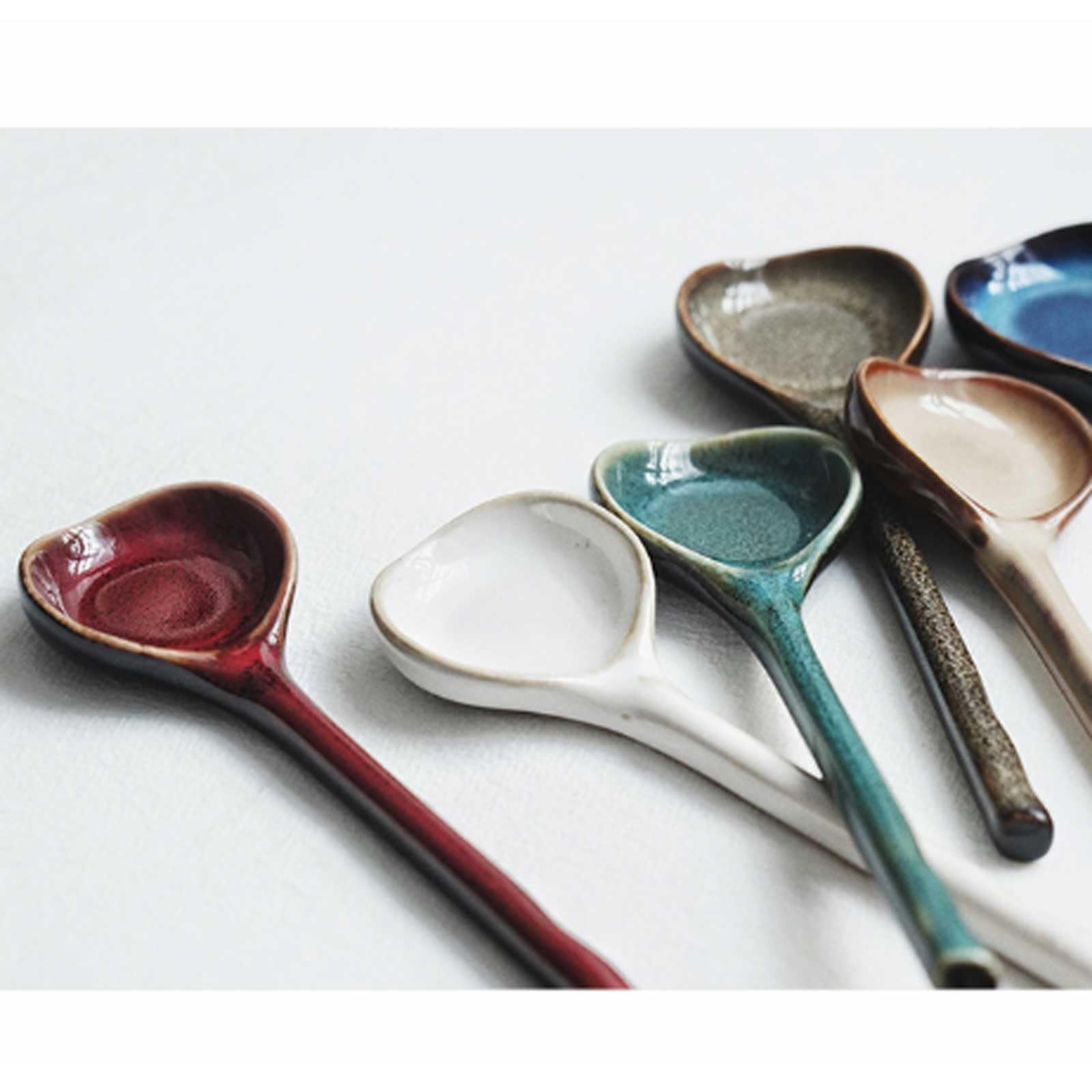 Cuillère à Soupe (1 pièce) en céramique, Long Manche, Style Japonais (Ramen), cuillère Asiatique rétro, Plate, for Nouilles de Riz, louche, Glace(A)