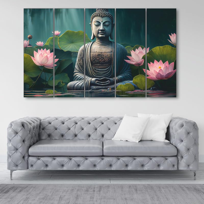 The Castle Decor Lotus Buddha Zen Decorative Wellness Set of 5 Big Size (27x48) Multiple Frames Wall Art Painting for living room,Bedroom,Drawing room,Hotels-Wooden Framed-Digital Painting