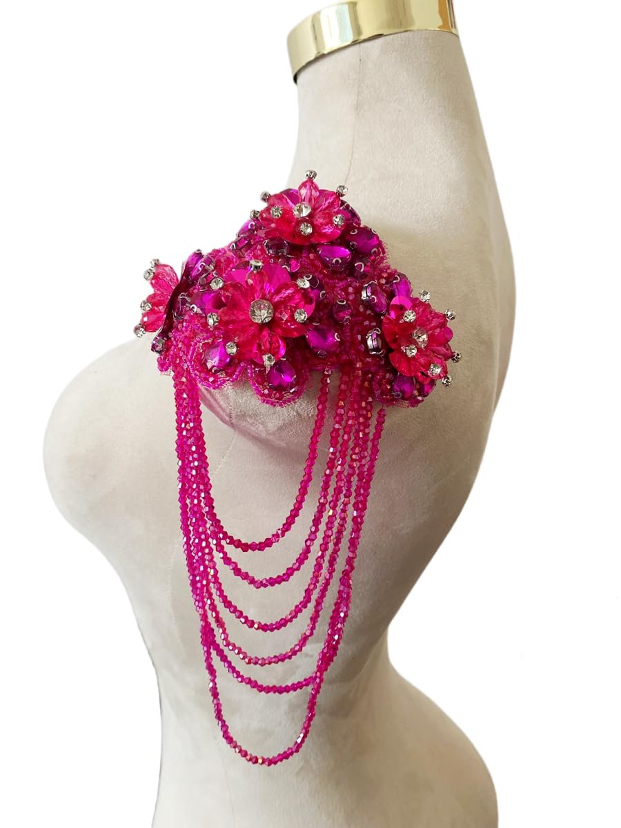 Photo 1 of Jpumley.pksn Handmade 3D Three-Dimensional Flower Rhinestones Applique Sewing Crystal Fringe Beads Sequins Patches Accessory for Wedding Dresses DIY Decorative 6X10inches 1PCS/Bag (Rose red)