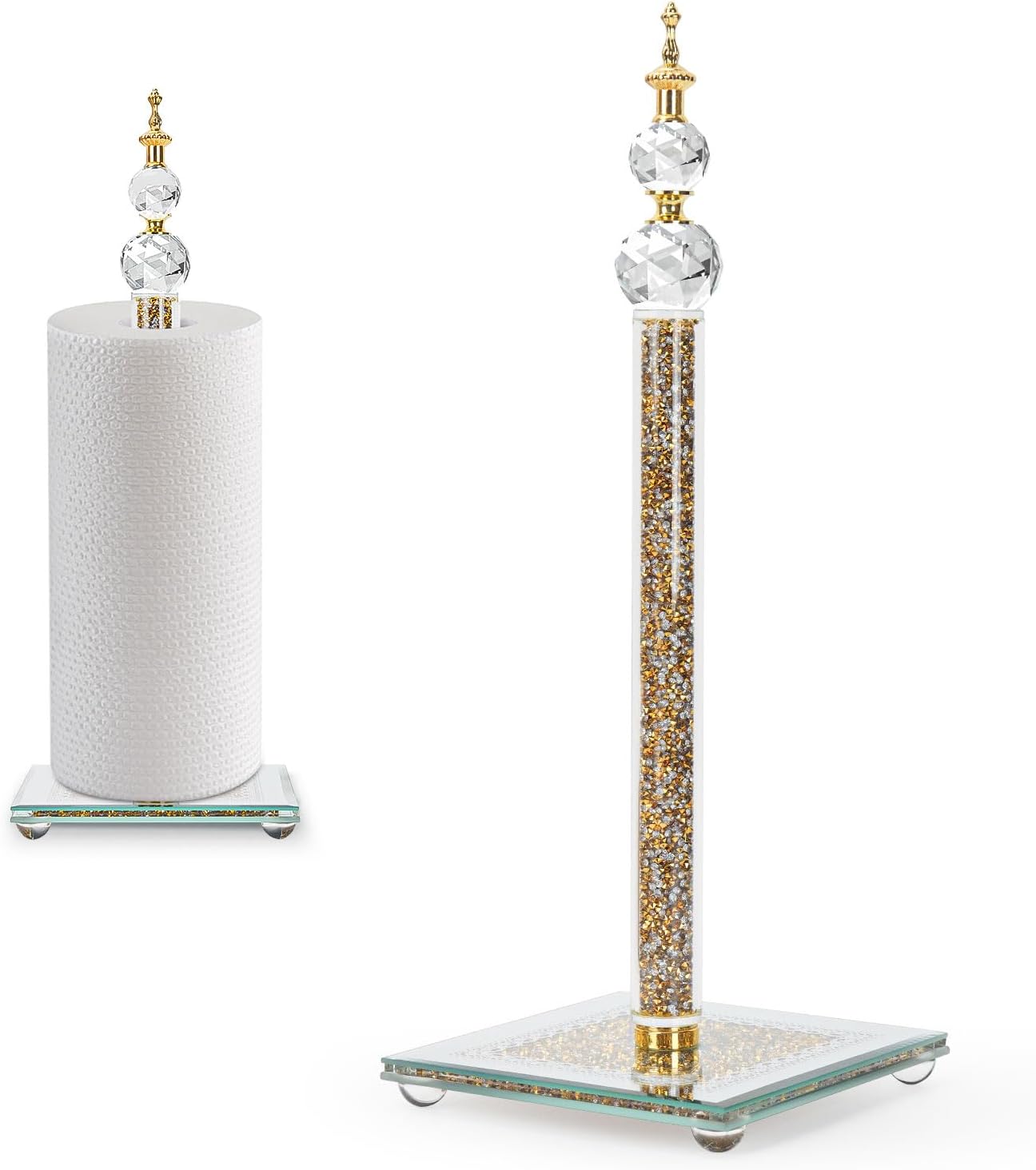 Crystal Paper Towel Holder Countertop, Gold Paper Towel Stand Non Slip Filled Paper Towel Roll Holder with Weighted Base & Suction Cups for Kitchen Bathroom Tabletop