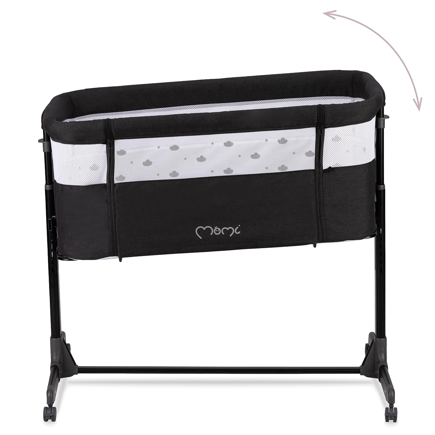 Momi REVO Lettino multifunzionale, con regolazione dell'altezza su 6 livelli da 72 a 82 cm, con rotelle, materassino incluso, cinghie di fissaggio, zanzariera e barra giochi
