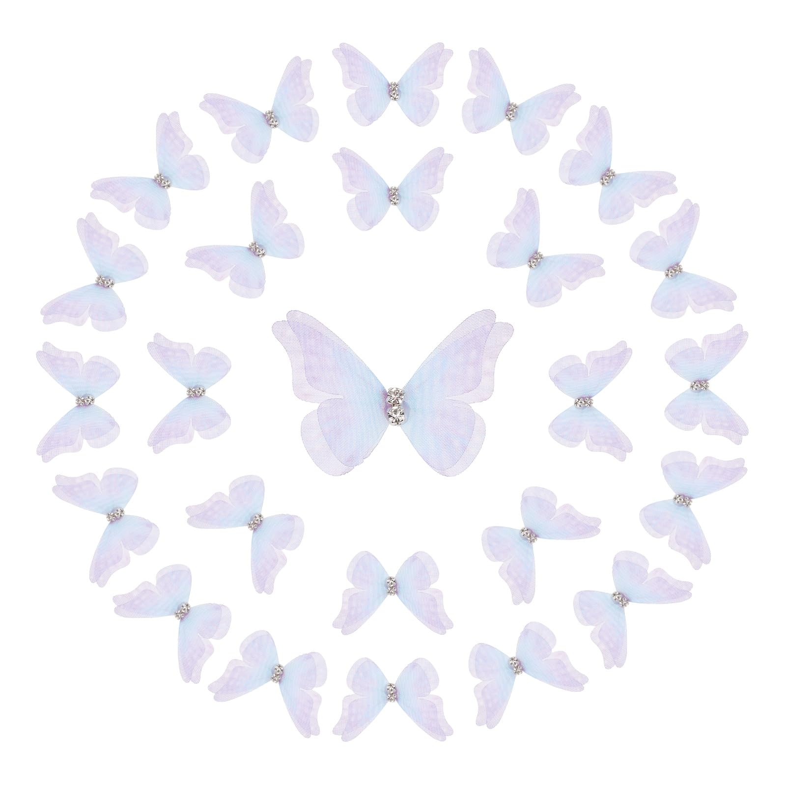 sourcing map 25Pcs Organza Fabric Butterflies for Crafts,30mm 3D Double-Layer Sheer Mesh Butterfly Applique Butterflies with Diamond for DIY Wedding Parties, Home Decor and Clothing, Purple