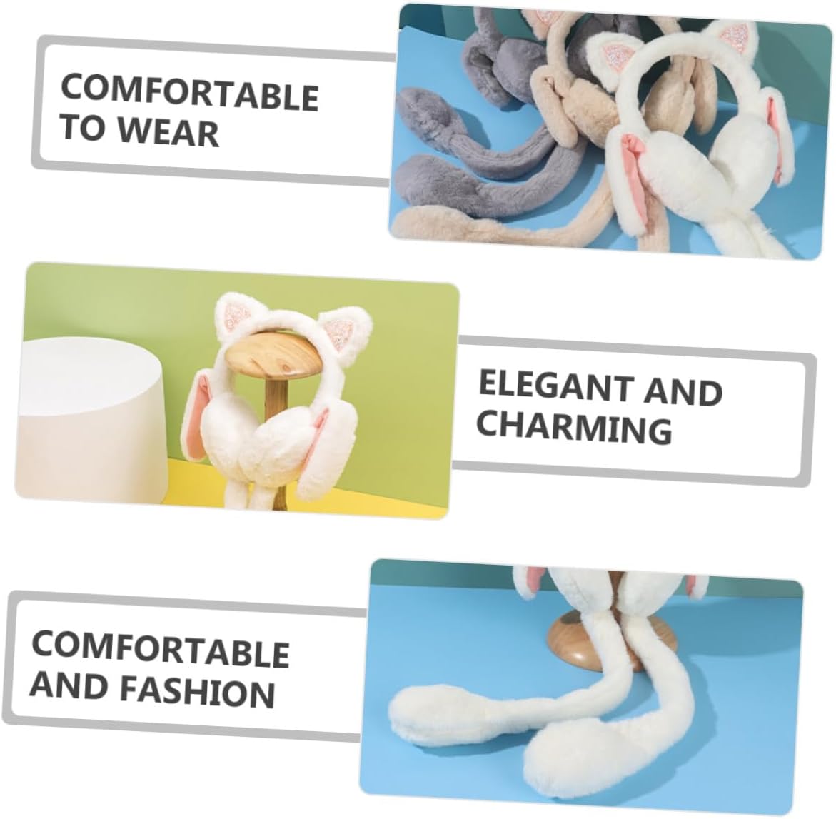 Ciieeo Bunny Earmuffs Moving Winter Ear Warmers for Women Soft Furry Light Color One Size Cold Weather Protection