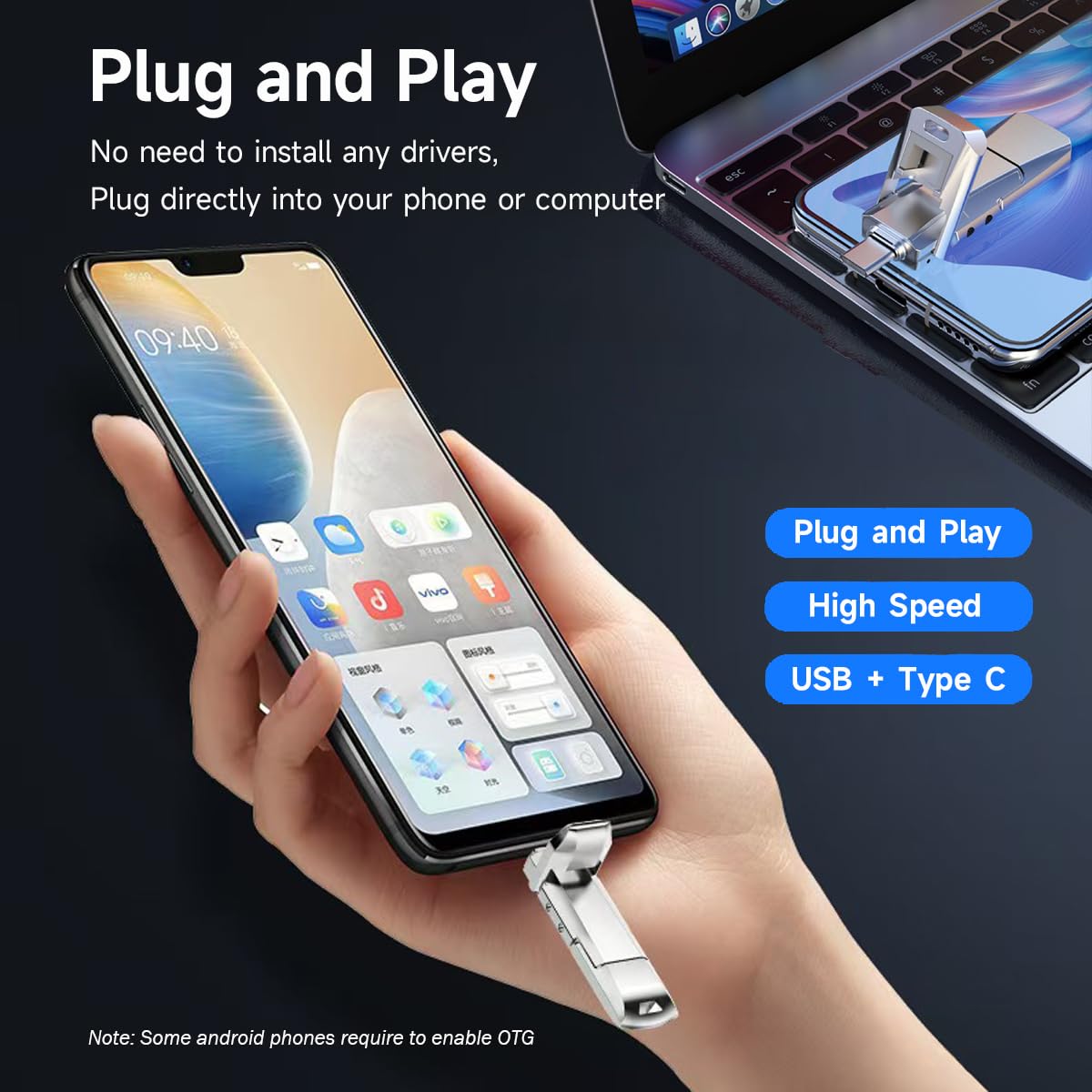 Chiavetta USB a stato solido da 512 GB, fino a 550 MB/s ad alta velocità USB 3.2, USB C + USB A, doppia porta Thumb Drive, archiviazione esterna per iPhone 15/16/17, Android, MacBook, laptop, PC, iPad
